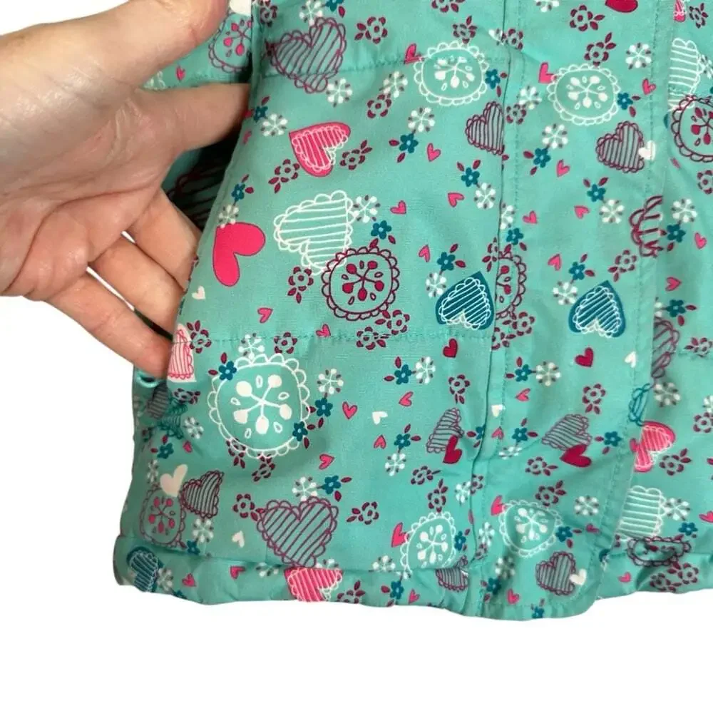 Gusti Kids Teal Puffer Jacket Pink Hearts Size 5 Winter Warm Coat